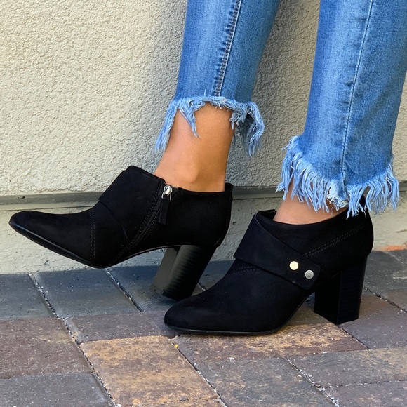 Pointy Toe Black Suede Low Profile Ankle Booties - Picture 5 of 8